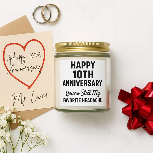 Happy 10 year anniversary wife, Great 10 year anniversary gifts for her, Funny 10th anniversary quotes candle, Happy 10 years together gift